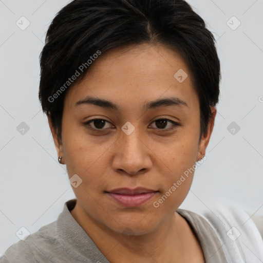 Joyful asian young-adult female with short  brown hair and brown eyes