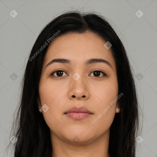 Neutral asian young-adult female with long  brown hair and brown eyes