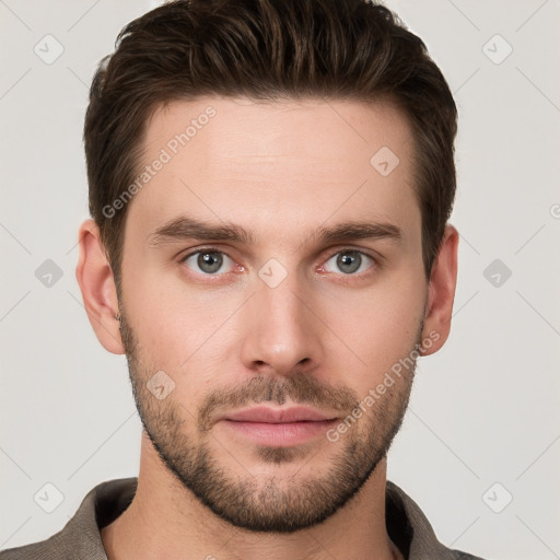 Neutral white young-adult male with short  brown hair and grey eyes