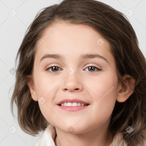 Joyful white child female with medium  brown hair and brown eyes