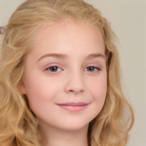 Joyful white child female with long  brown hair and brown eyes