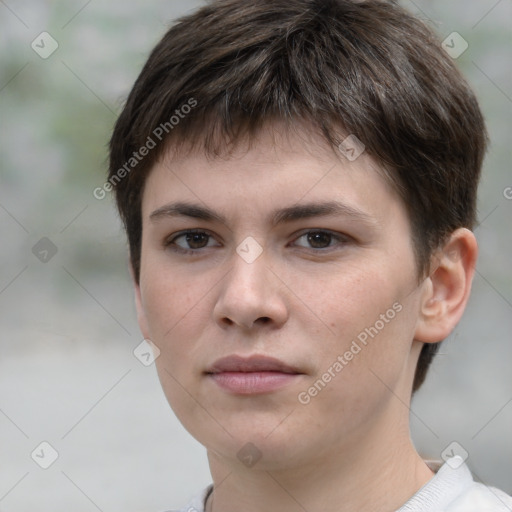 Neutral white young-adult female with short  brown hair and brown eyes