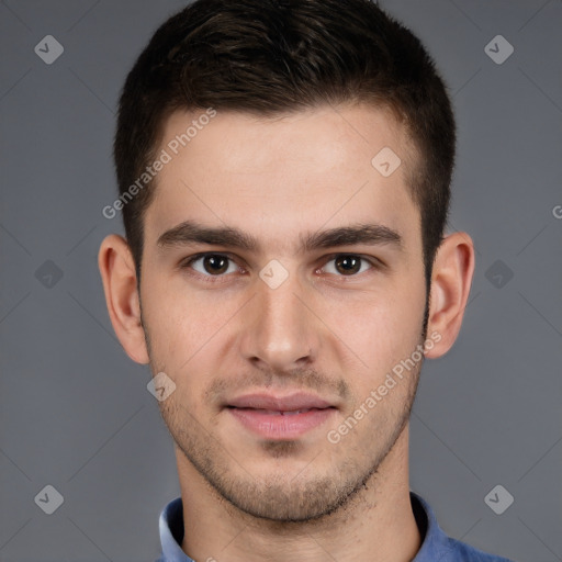 Neutral white young-adult male with short  brown hair and brown eyes