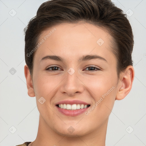 Joyful white young-adult female with short  brown hair and brown eyes