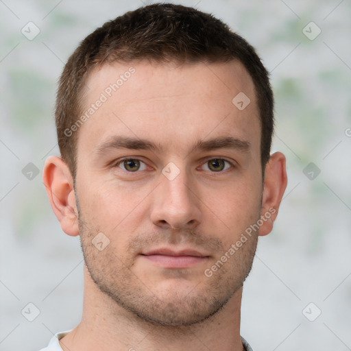 Neutral white young-adult male with short  brown hair and brown eyes