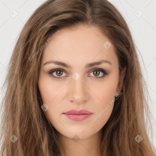 Neutral white young-adult female with long  brown hair and brown eyes