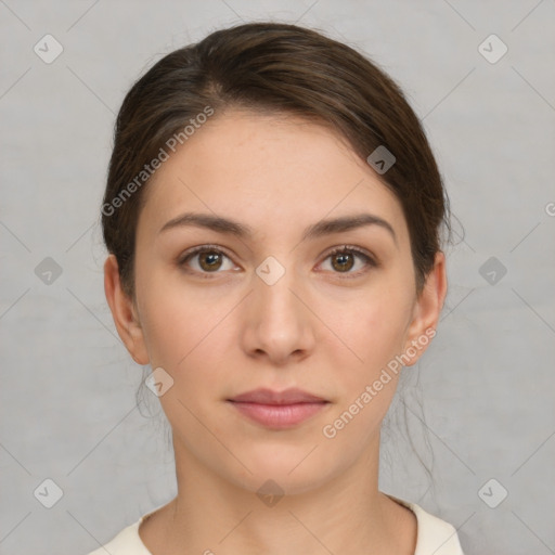 Neutral white young-adult female with medium  brown hair and brown eyes