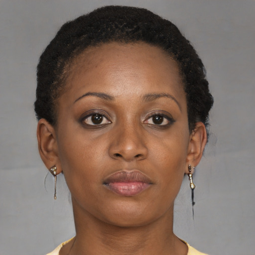 Neutral black young-adult female with short  brown hair and brown eyes