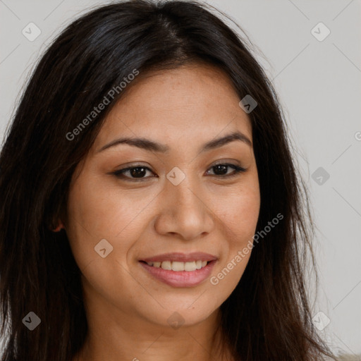 Joyful white young-adult female with long  brown hair and brown eyes