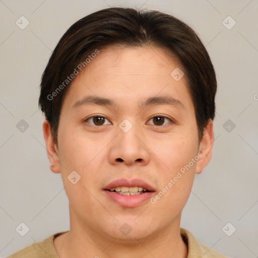 Joyful asian young-adult male with short  brown hair and brown eyes