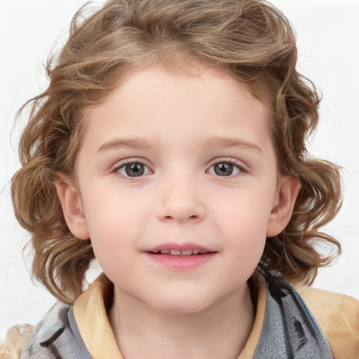 Joyful white child female with medium  brown hair and blue eyes