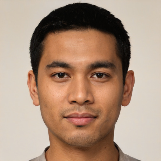 Neutral asian young-adult male with short  black hair and brown eyes