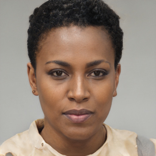 Neutral black young-adult female with short  brown hair and brown eyes
