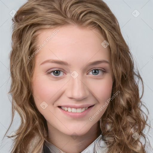 Joyful white young-adult female with long  brown hair and blue eyes