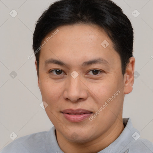 Joyful white adult female with short  brown hair and brown eyes