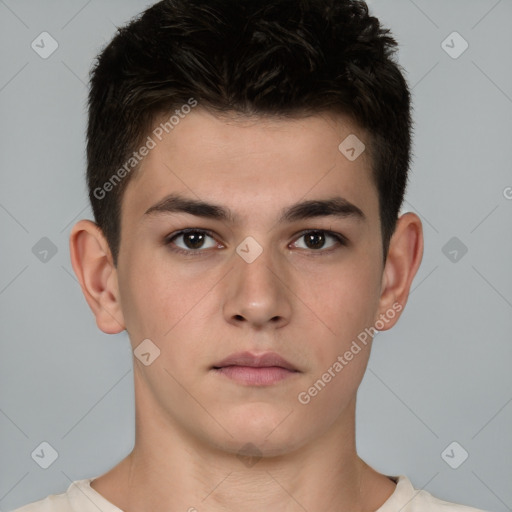 Neutral white young-adult male with short  brown hair and brown eyes