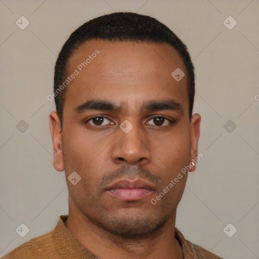 Neutral latino young-adult male with short  black hair and brown eyes
