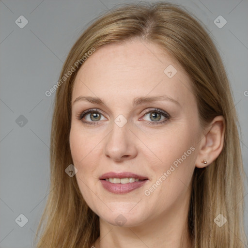 Joyful white young-adult female with long  brown hair and grey eyes