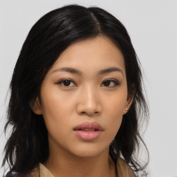 Neutral asian young-adult female with long  black hair and brown eyes