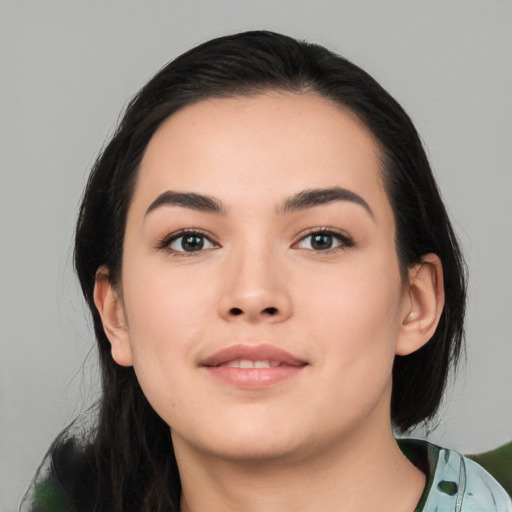 Neutral asian young-adult female with medium  black hair and brown eyes