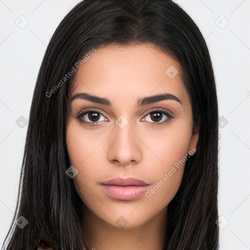 Neutral latino young-adult female with long  brown hair and brown eyes