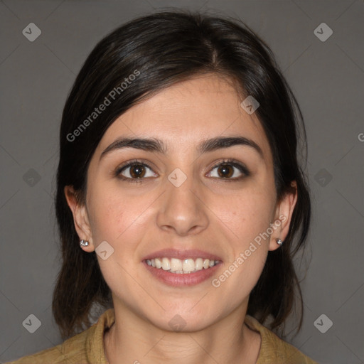 Joyful white young-adult female with medium  brown hair and brown eyes