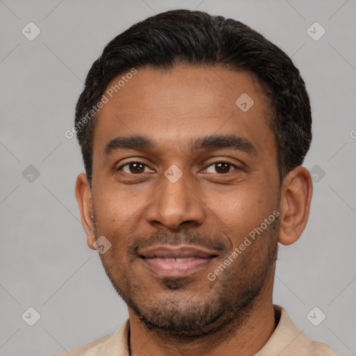 Neutral latino young-adult male with short  black hair and brown eyes