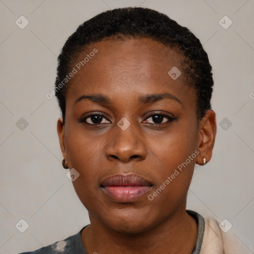 Neutral black young-adult female with short  black hair and brown eyes