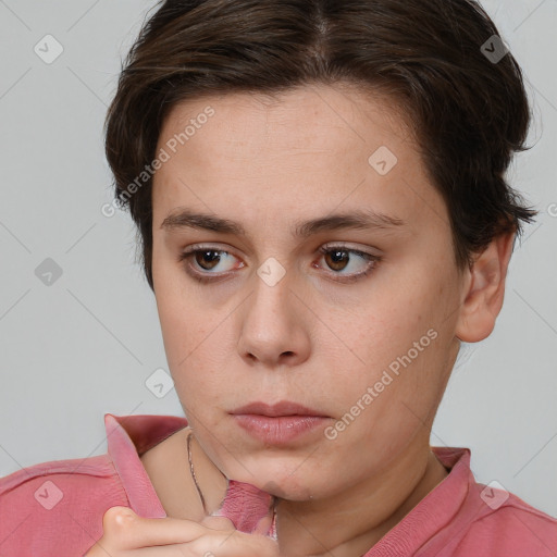 Neutral white young-adult female with short  brown hair and brown eyes