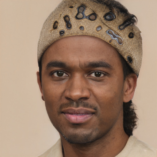 Joyful black young-adult male with short  black hair and brown eyes