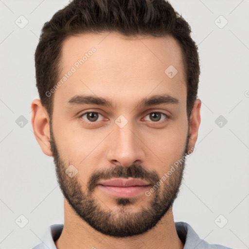 Neutral white young-adult male with short  brown hair and brown eyes