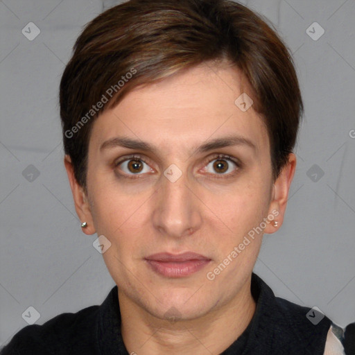 Joyful white young-adult female with short  brown hair and grey eyes