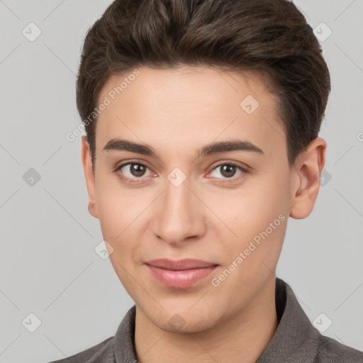 Joyful white young-adult male with short  brown hair and brown eyes