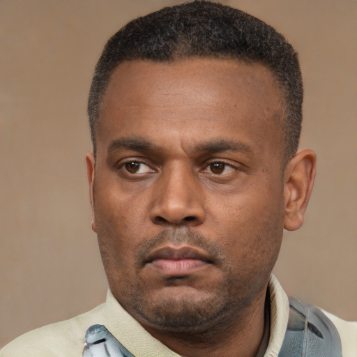 Neutral latino adult male with short  black hair and brown eyes