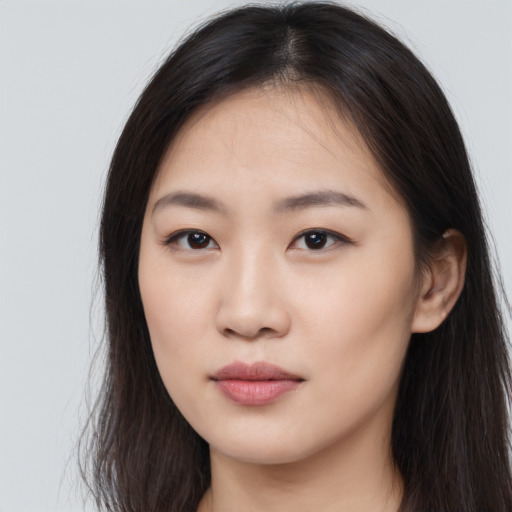 Neutral asian young-adult female with long  brown hair and brown eyes