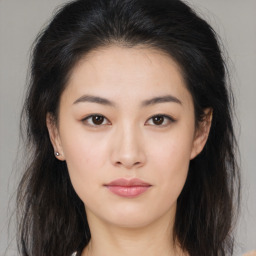 Neutral asian young-adult female with long  brown hair and brown eyes