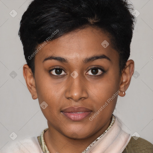 Joyful asian young-adult female with short  brown hair and brown eyes