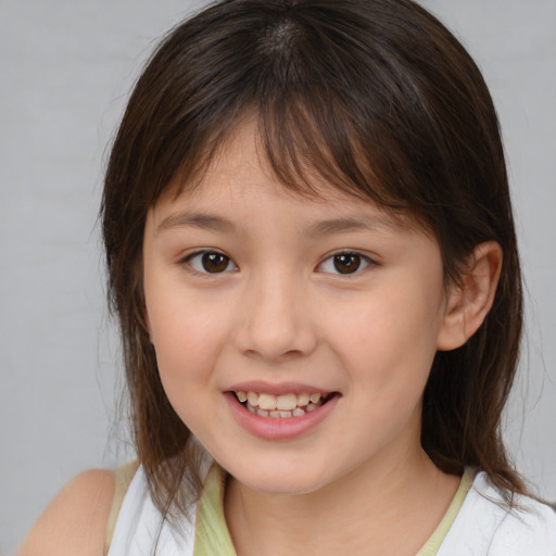 Joyful white child female with medium  brown hair and brown eyes