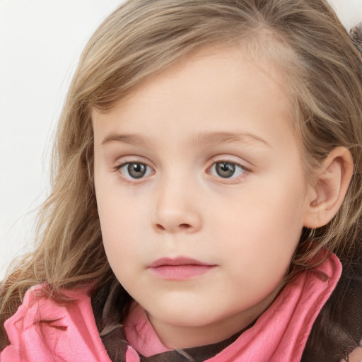 Neutral white child female with medium  brown hair and grey eyes