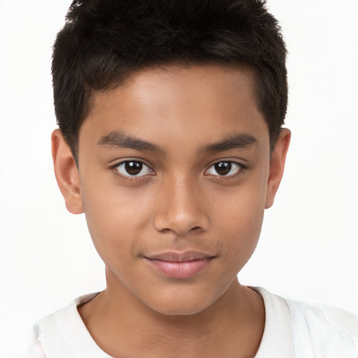 Joyful latino child male with short  brown hair and brown eyes