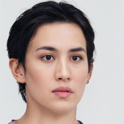 Neutral asian young-adult female with short  black hair and brown eyes