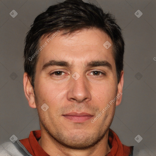 Neutral white adult male with short  brown hair and brown eyes