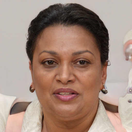 Joyful white adult female with short  brown hair and brown eyes