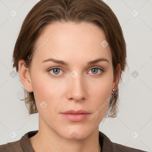 Neutral white young-adult female with medium  brown hair and grey eyes