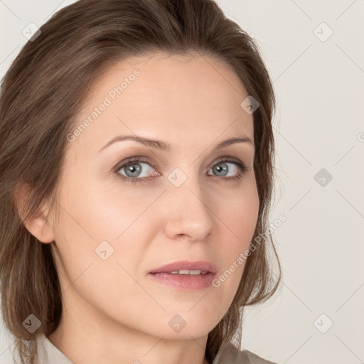 Neutral white young-adult female with medium  brown hair and grey eyes