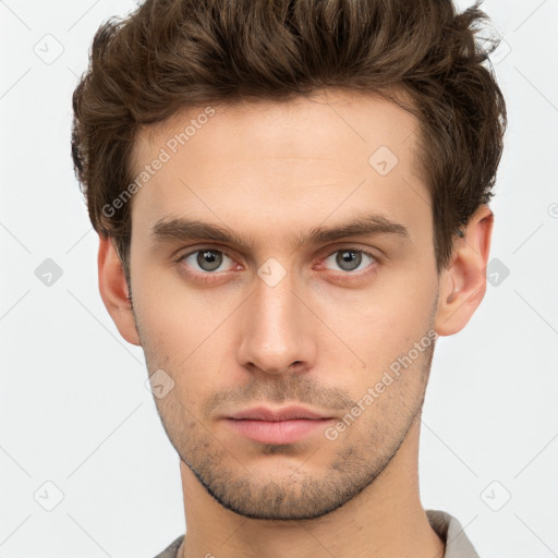 Neutral white young-adult male with short  brown hair and brown eyes