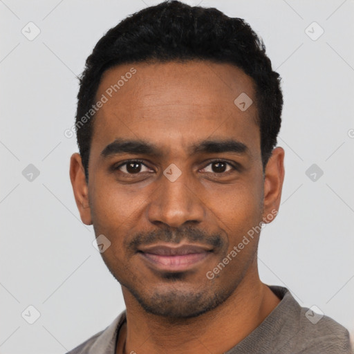 Neutral black young-adult male with short  black hair and brown eyes