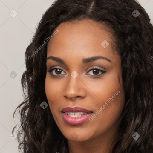 Joyful latino young-adult female with long  black hair and brown eyes