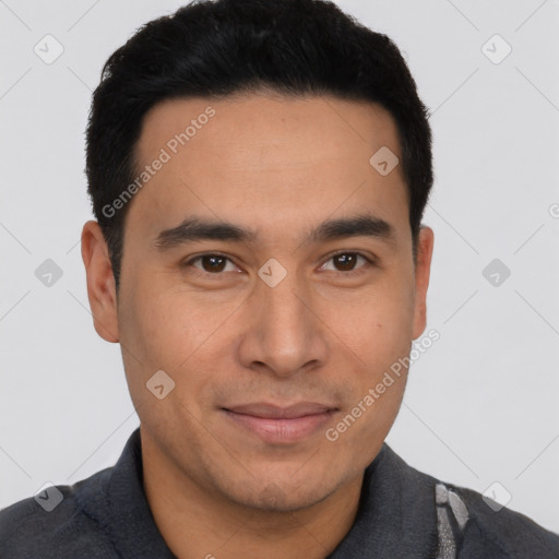 Joyful latino young-adult male with short  black hair and brown eyes