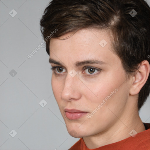 Neutral white young-adult female with medium  brown hair and brown eyes